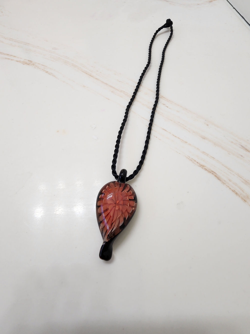 Handmade Glass Teardrop Pendant Necklace - Pink on Black